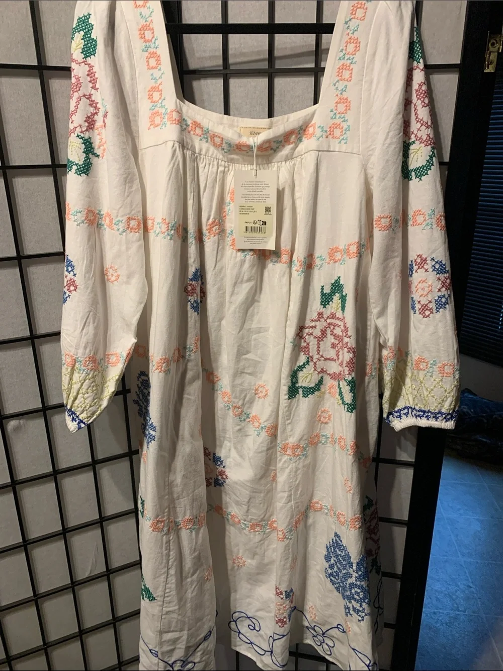 Boho Embroidered White Cotton Maxi Dress with Multicolor Floral Accents Size 8 - Picture 10 of 10